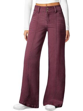 Women's Burgundy High Waisted Stretchy Jean Seamed Front Double Buttons Wide Leg